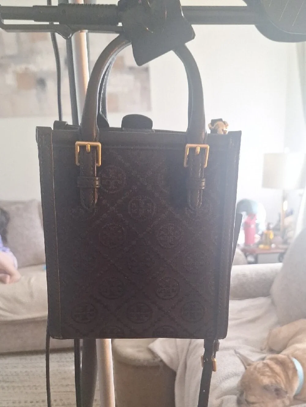 Tory Burch Black Patterned Mini Tote with Gold Hardware